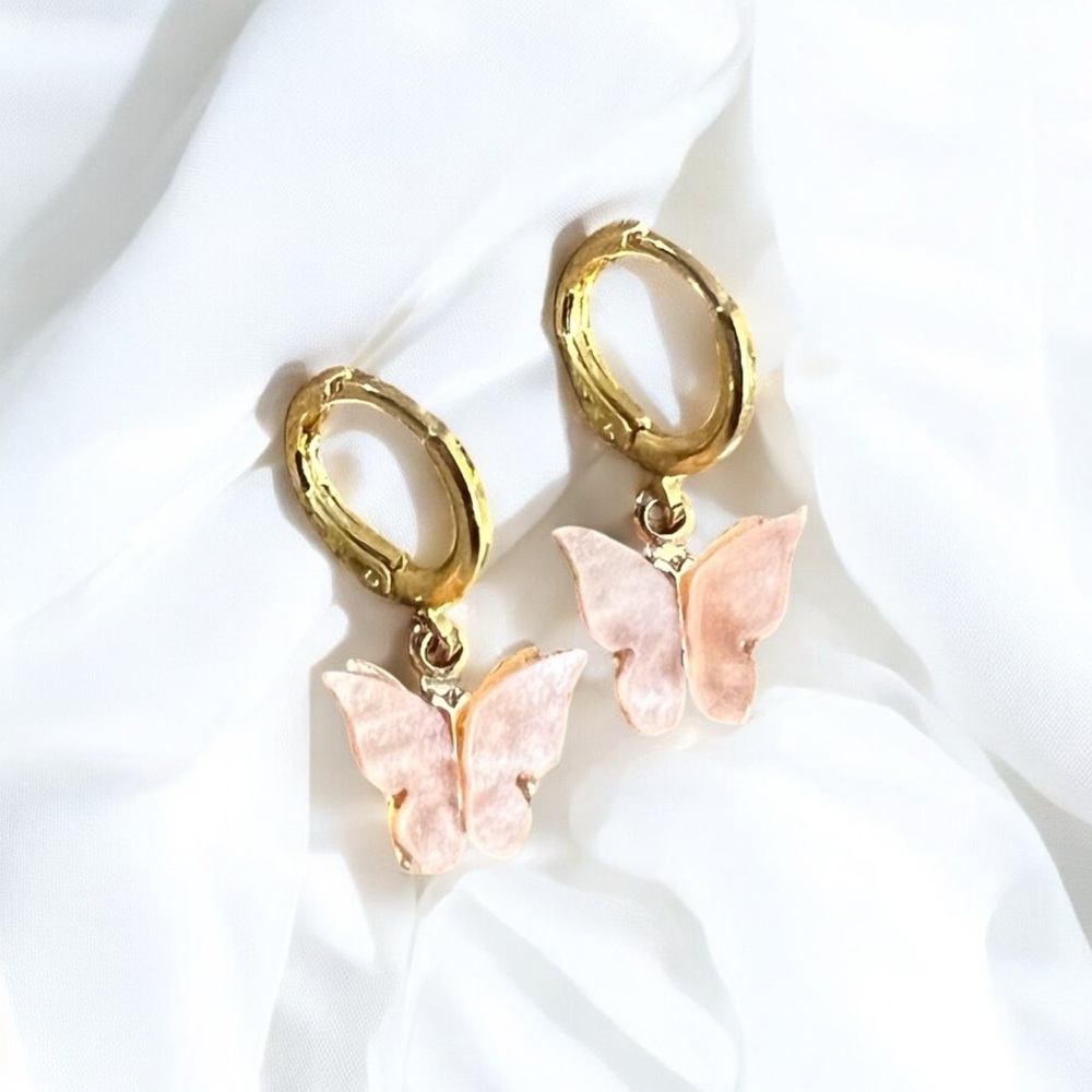 rose quartz pink butterfly huggie hoop earrings